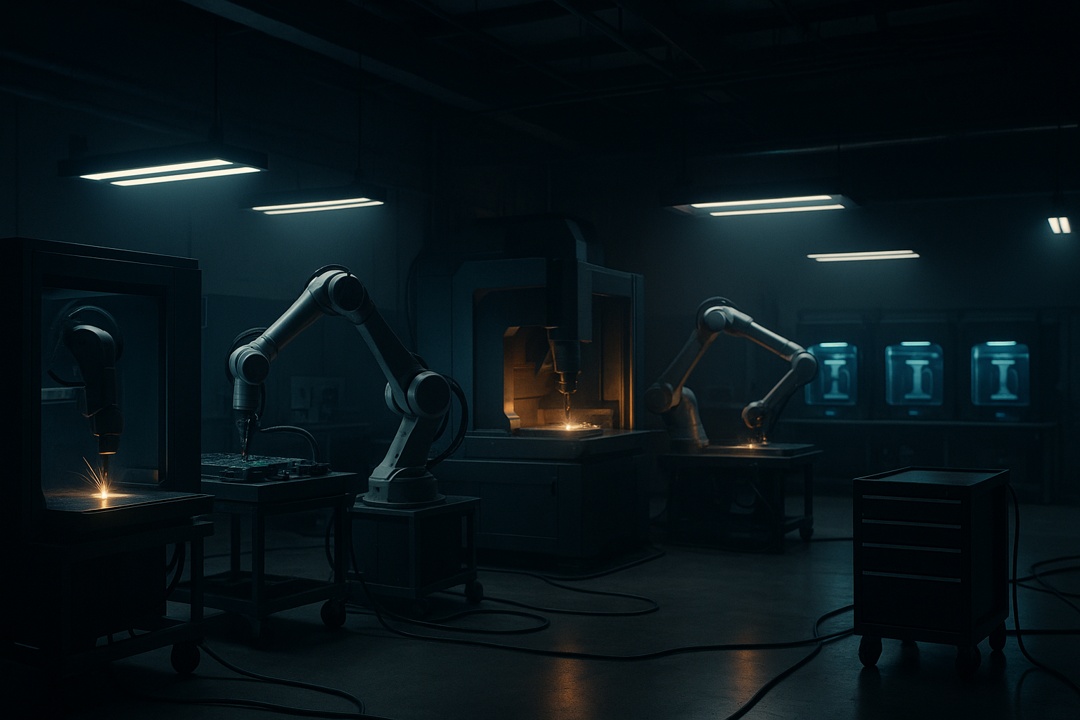 Modern prototyping lab with various fabrication tools and workspaces